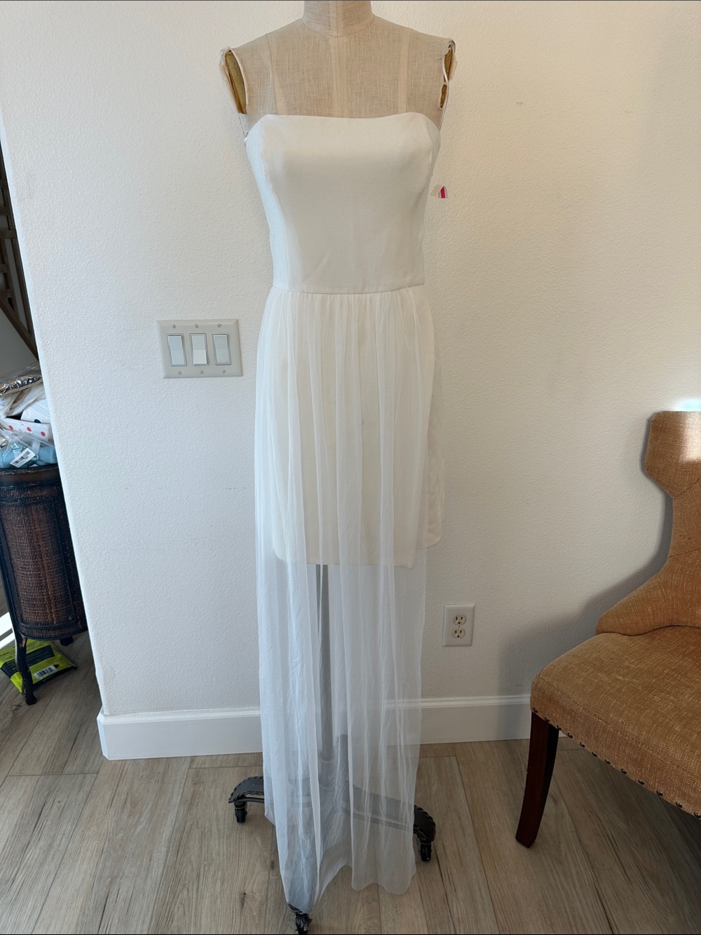 French Connection White Strapless Tulle Overlay Dress